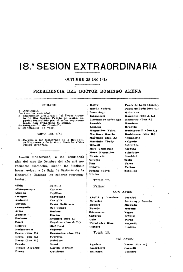DIARIO DE SESIONES DE LA CAMARA DE REPRESENTANTES del 28/10/1918